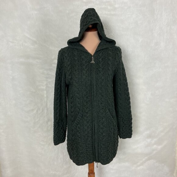 Aran Crafts Women's Green Merino Wool Hooded Celtic Knot Zipper Sweater Coat XS - Picture 1 of 6